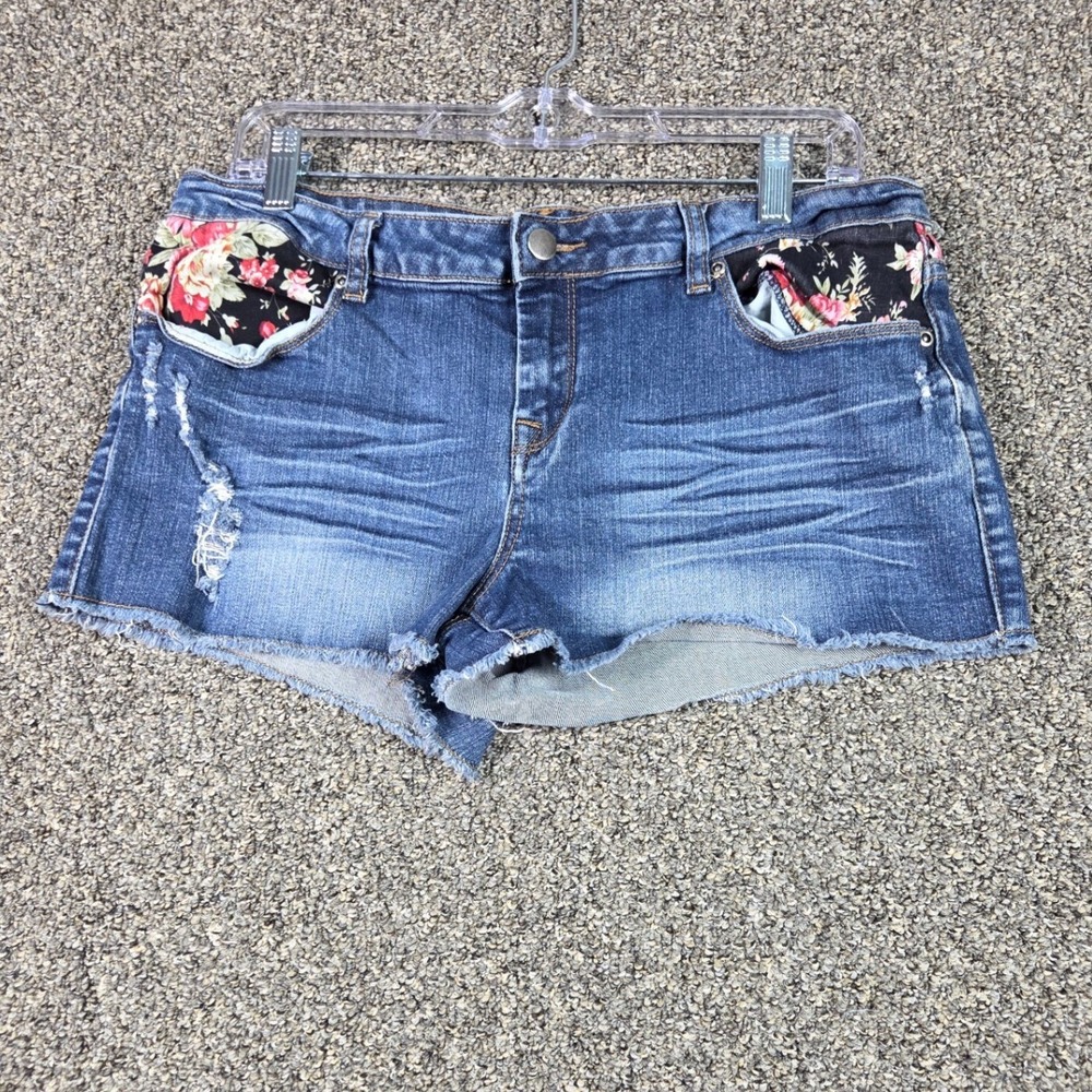 Forever 21 Denim Shorts Womens 30 Blue Floral Distressed Cut Off Raw‎ Hem